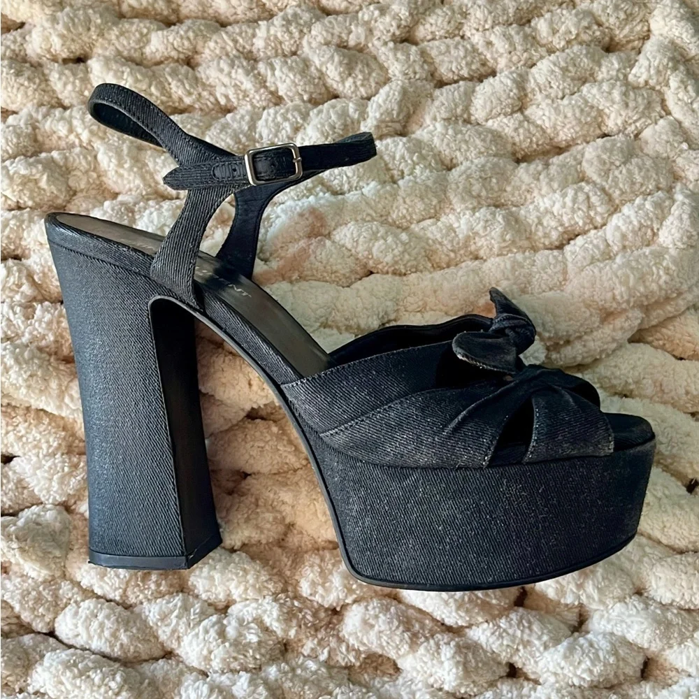 Saint Laurent Candy 80 Bow Black Denim Platform Sandals